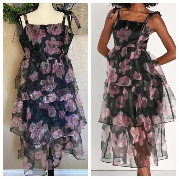 Lulus Dresses & Skirts - NWOT Lulus Valiant Charmer Black Floral Print Tie-Strap Tiered Midi Dress